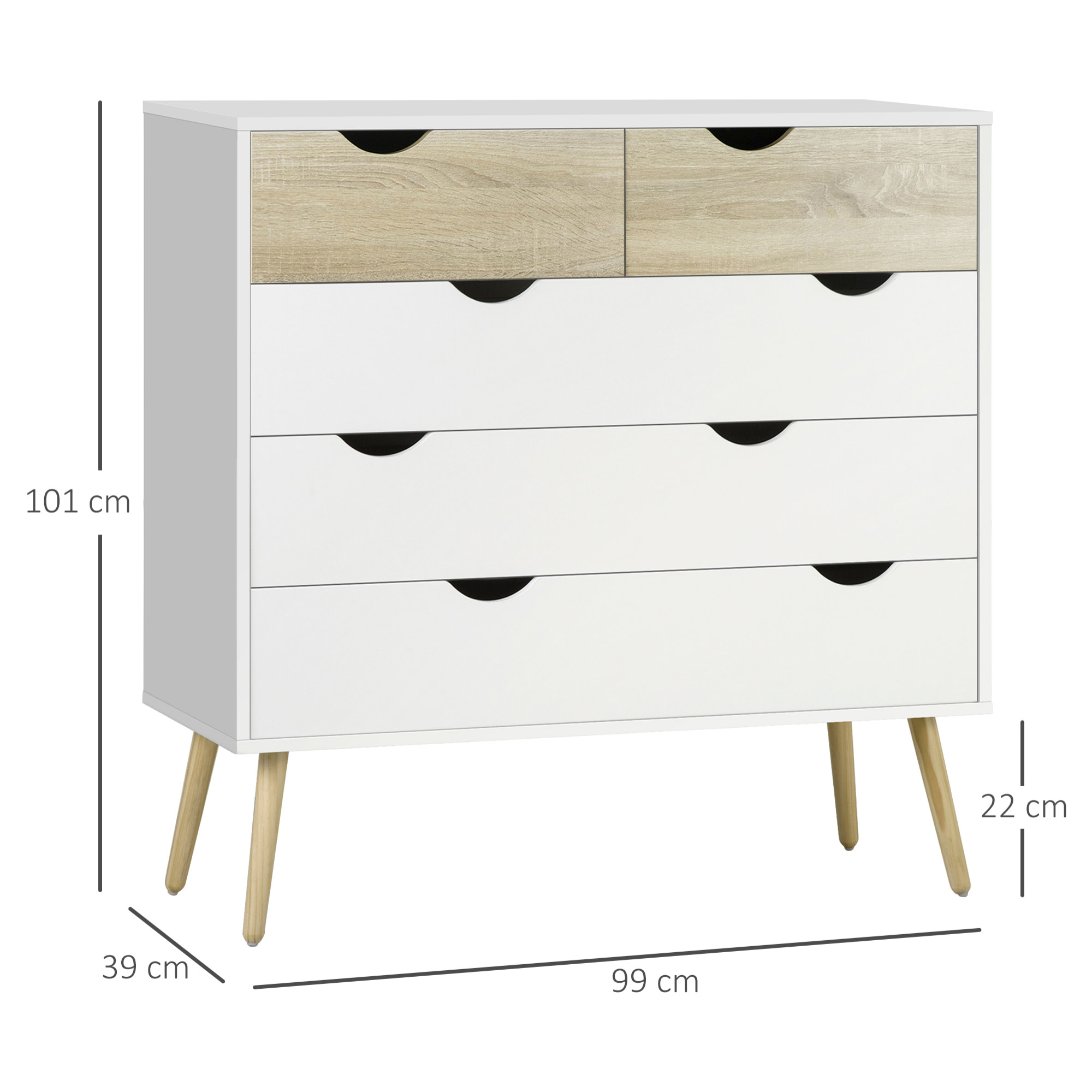 Cómoda con 5 Cajones, Cómoda Dormitorio con Patas Elevadas de Madera, Cajonera para Salón, Oficina, Estilo Nórdico, 99x39x101 cm, Blanco y Roble