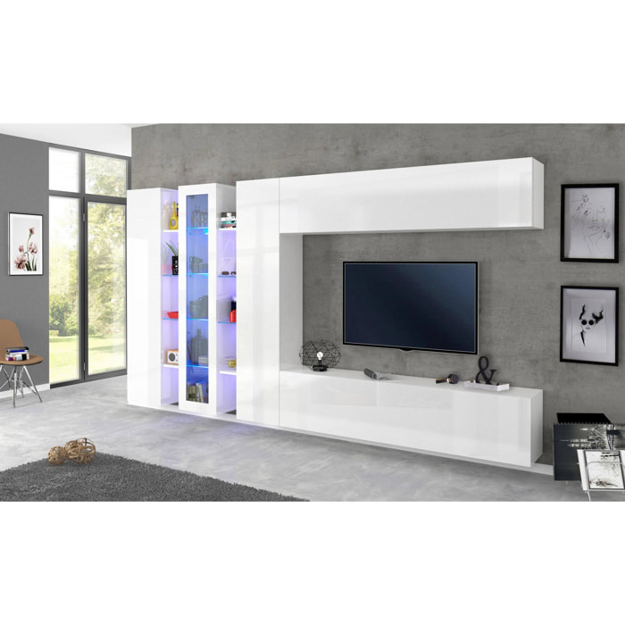 Parete attrezzata da soggiorno, Made in Italy, con luce LED blu, Base porta TV e pensili e scaffali, Set salotto moderno, cm 340x30h180, colore Bianco lucido