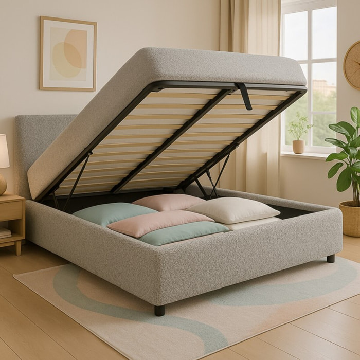 Lit coffre Colisée avec tête de lit | Robuste et confortable | Montage simple rapide | Bouclette | Gris clair