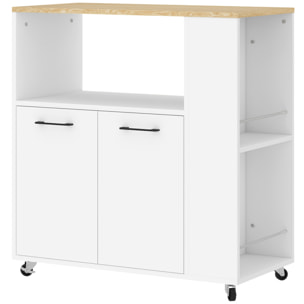 Desserte de cuisine multi-rangement 2 portes, étagère, niche, plateau, 2 porte-épices blanc aspect chêne clair