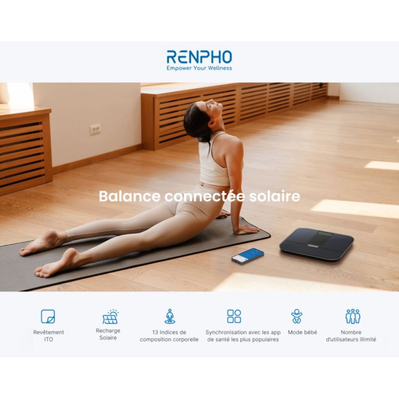 Pèse personne connecté RENPHO Elis Solar 2 A020 connecté, impédancemètre, 13 mesures corporelles - Recharge solaire
