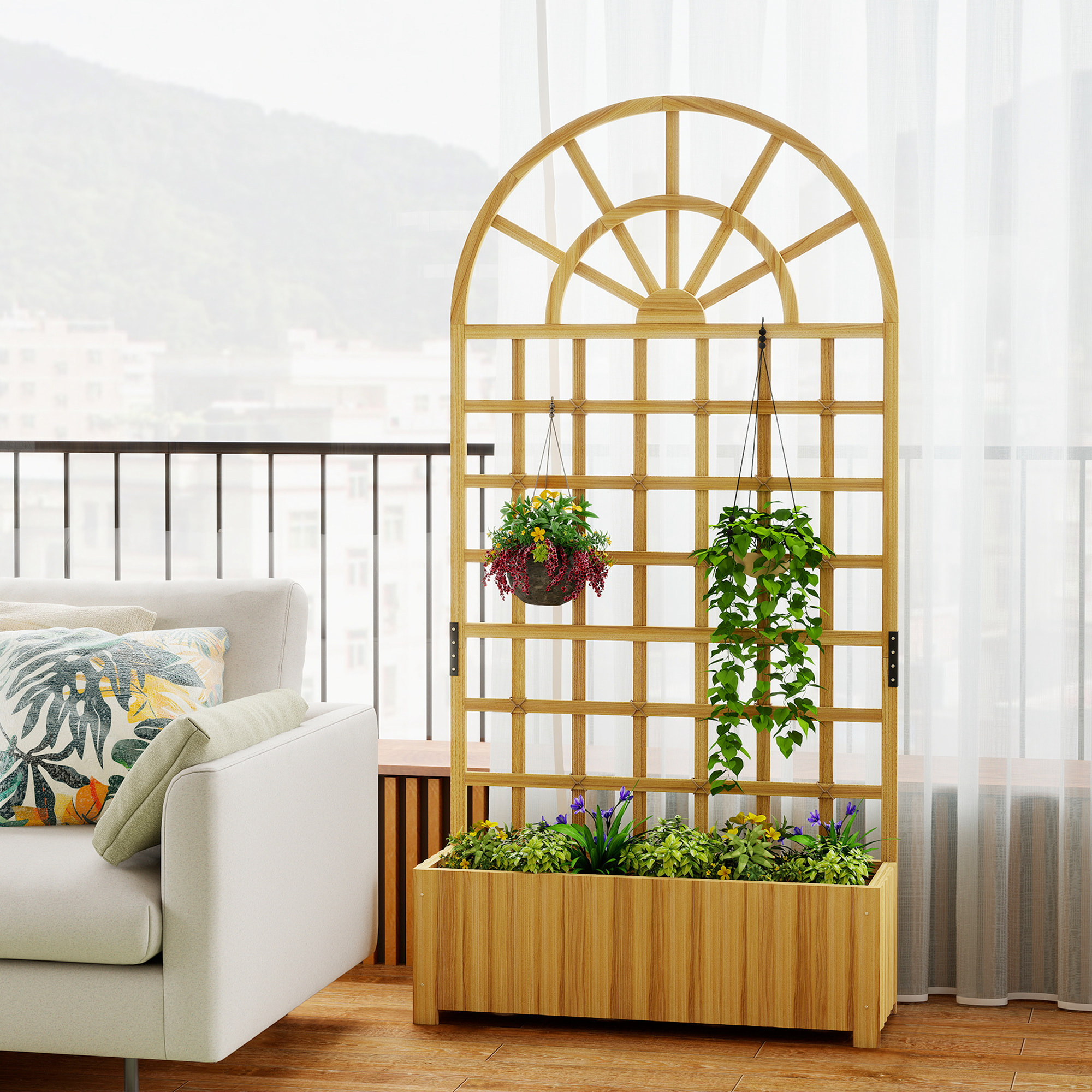 Jardinera con Enrejado de Madera, Jardinera Exterior Grande para Plantas Trepadoras, con Ofricios de Drenaje, Macetero Elevado para Jardín, Patio, Terraza, 90x30x180 cm, Natural