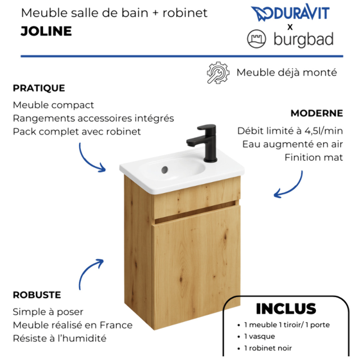 Pack meuble suspendu lave-mains Joline chêne + Robinet lave-mains eau froide Duravit Wave noir mat