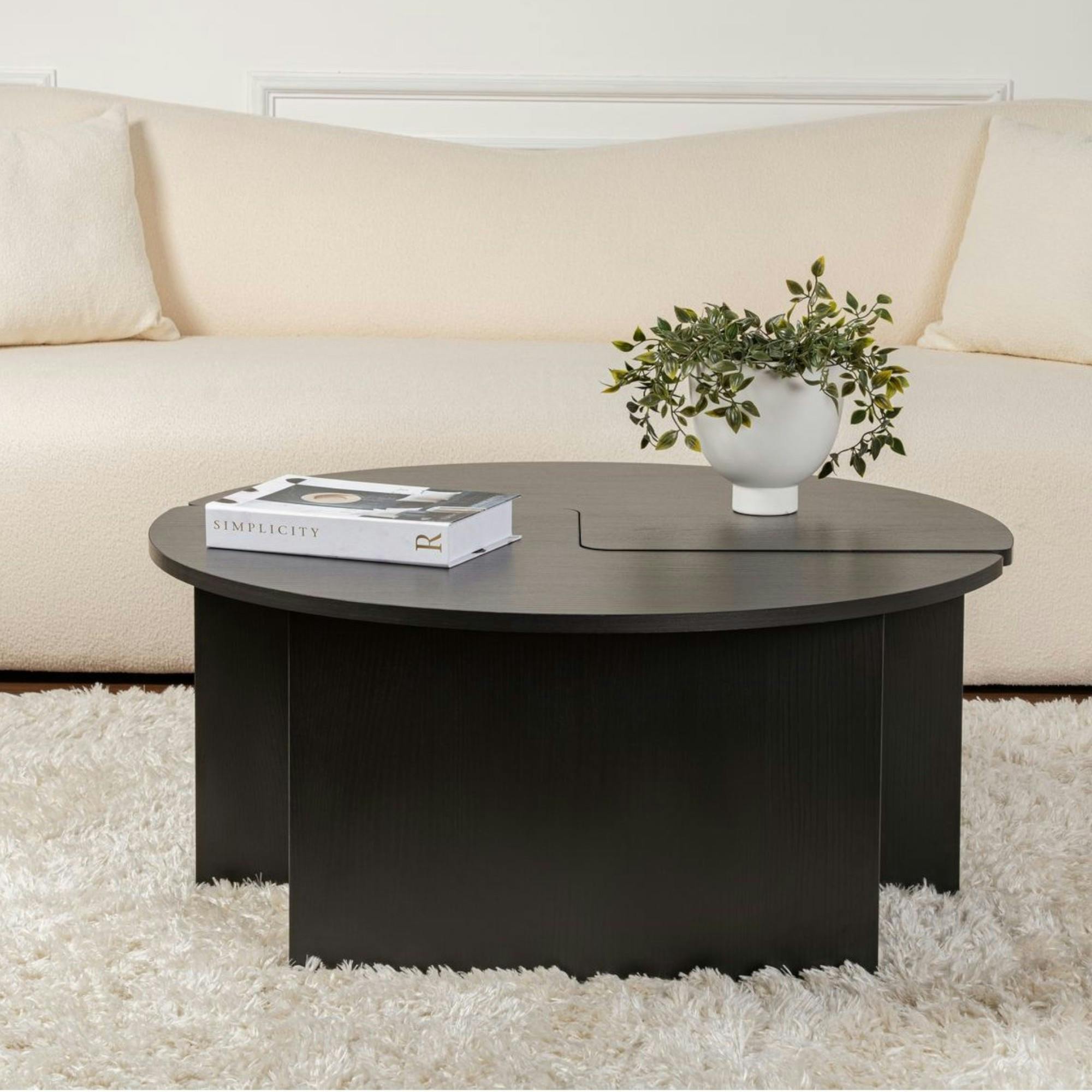 Table basse ronde noire effet bois - design puzzle MARFA