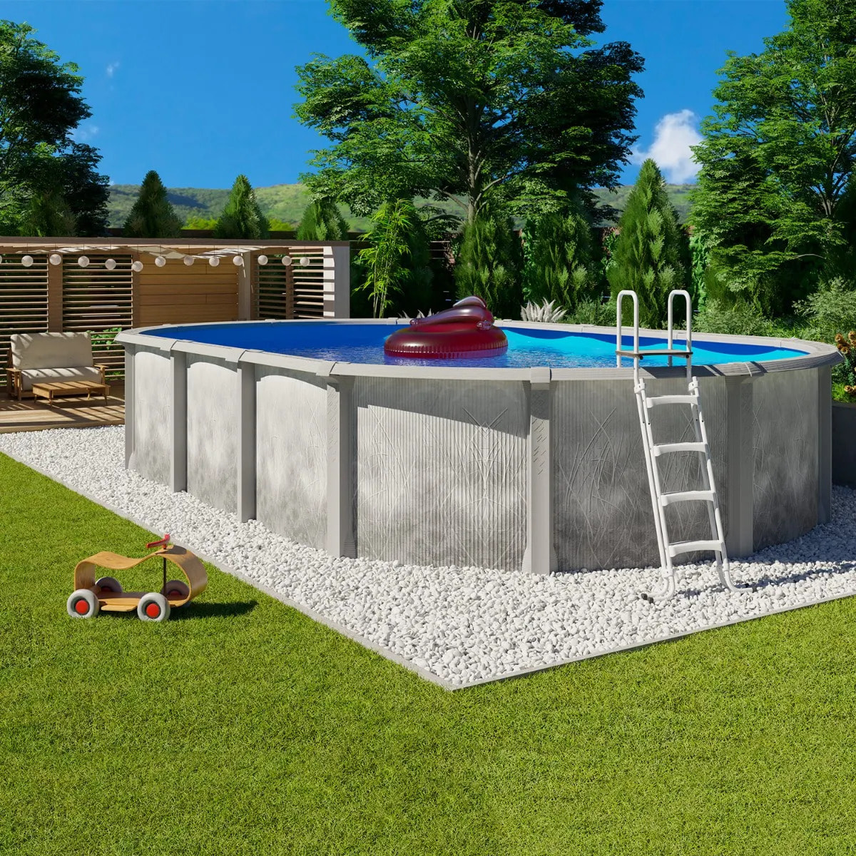 Piscine hors sol acier et résine ovale 7,60 x 4,55 x 1,32 m gris dégradé LIBERTY