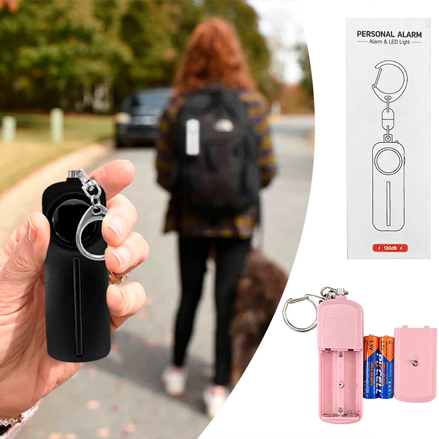 Allarme SOS personale con luce LED brillante e suono di 130dB. 2 batterie AAA incluse e attivazione rapida tirando l'anello.