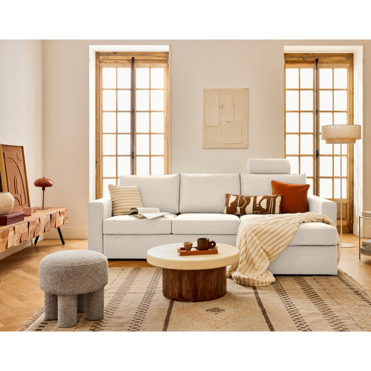 Barrie - canapé d'angle réversible 4 places avec têtière amovible en tissu - Beige