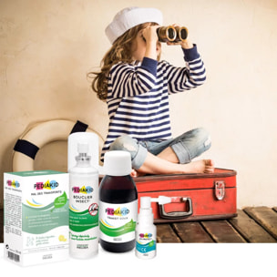 PEDIAKID Box Vacances - Spray Anti-Moustiques & Anti-Démangeaisons - Spray Nettoyant Oreille - Sirop Prébiotiques pour Transit Intestinal - Sticks contre Nausées & Vomissements