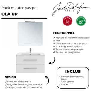 Pack meuble vasque 80 cm Ola up blanc + miroir + spot