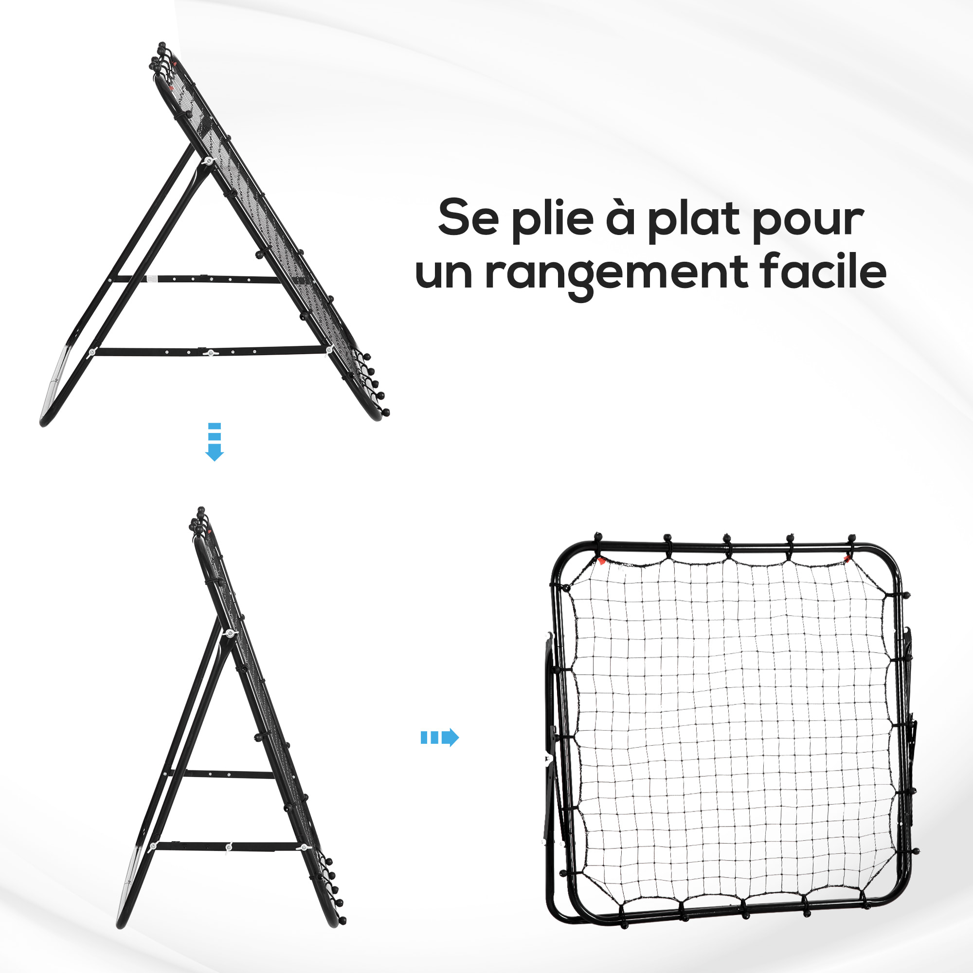 Filet de rebond pliable inclinaison réglable - piquets d'ancrage inclus - filet PE noir métal époxy noir
