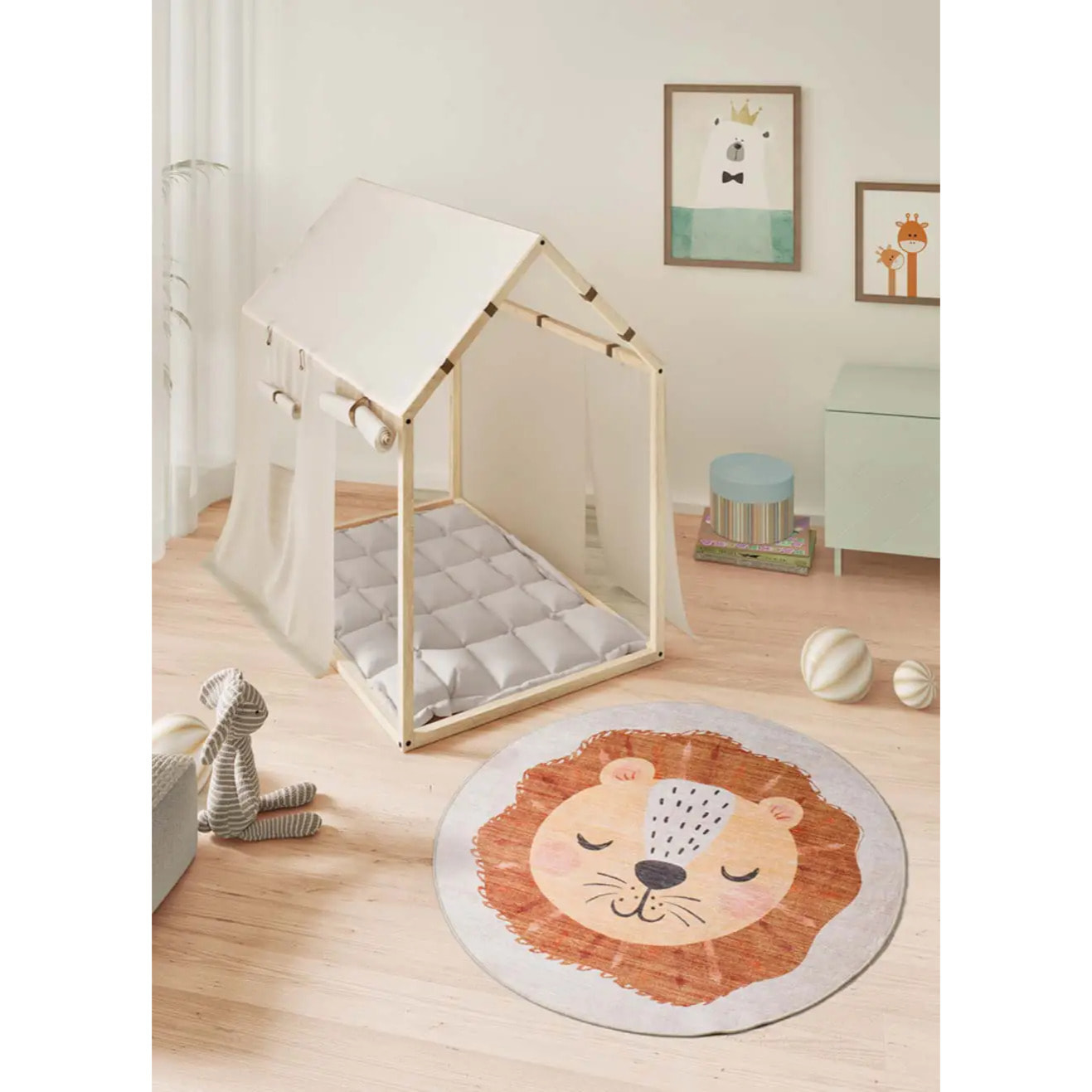 CANDY Alfombra redonda infantil lavable con león caldera, 120Ø cm