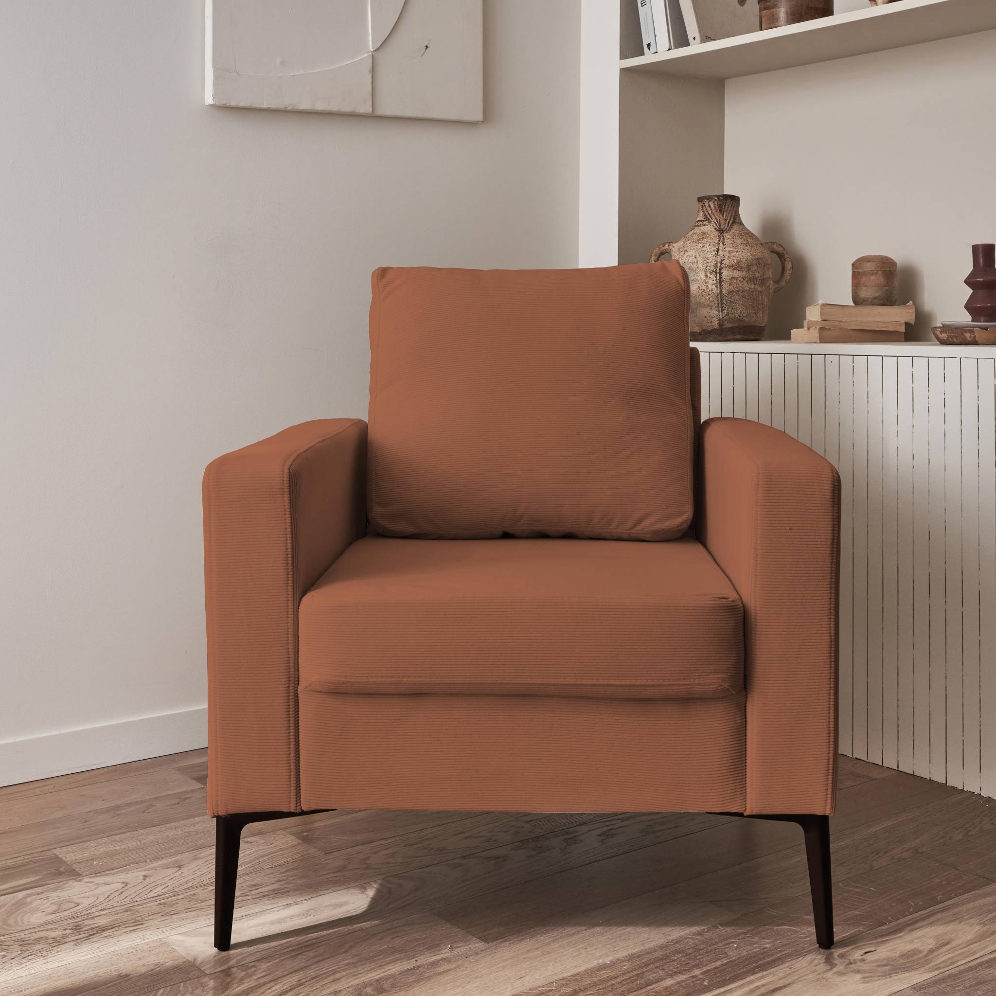 Fauteuil en velours côtelé terracotta - Bjorn - Canapé 1 place fixe droit pieds métal