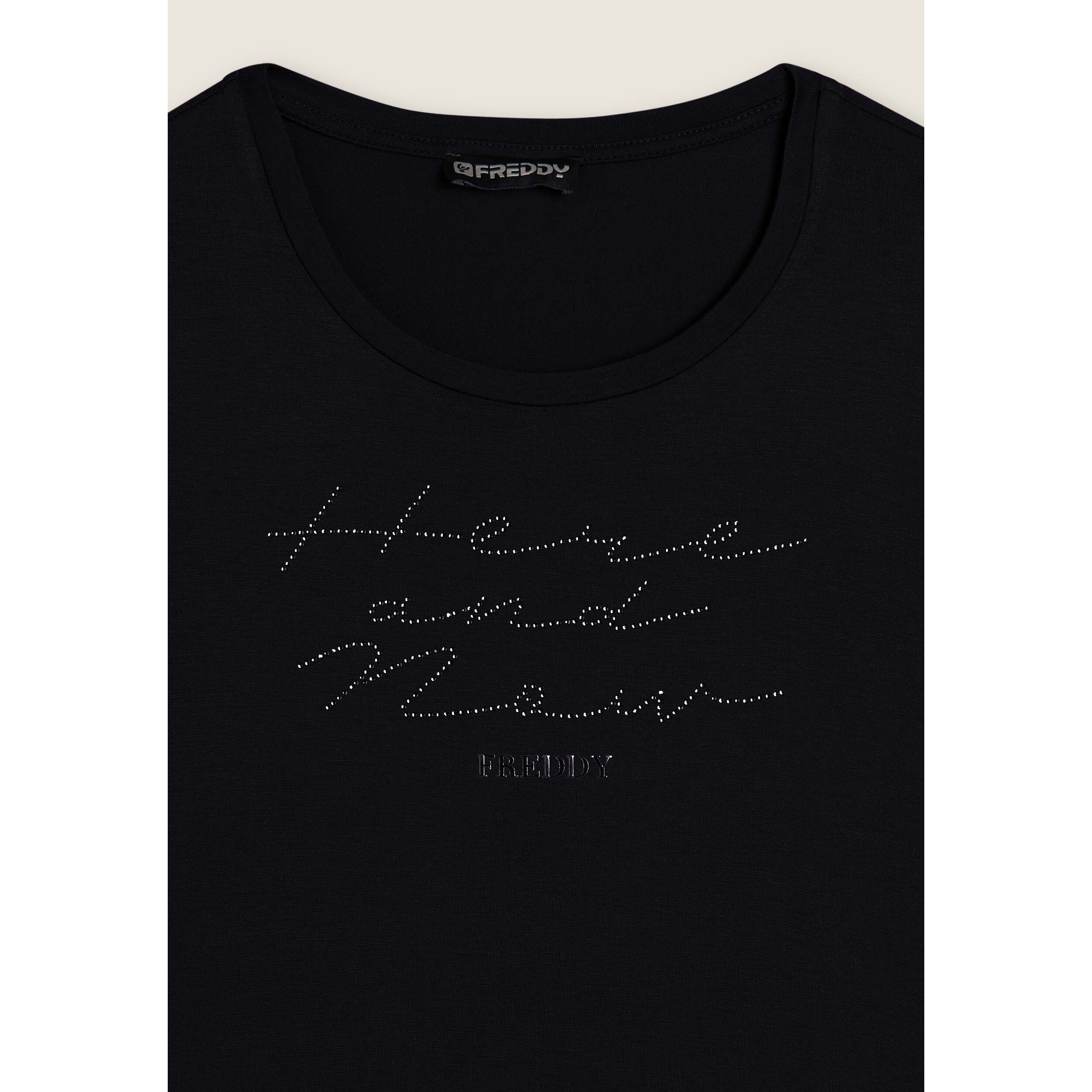 T-shirt donna manica lunga con scritta e strass