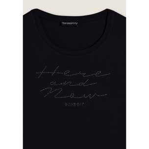 T-shirt donna manica lunga con scritta e strass