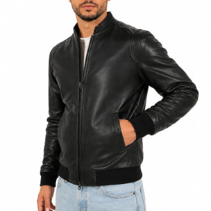 Giubbino in vera pelle di vitello foderato con trapunta invernale Nero-Slim Fit