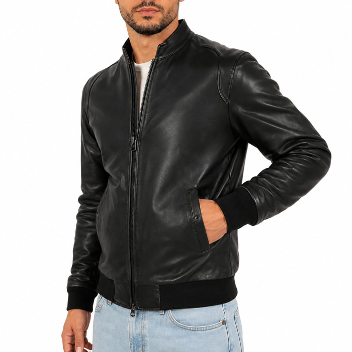 Giubbino in vera pelle di vitello foderato con trapunta invernale Nero-Slim Fit