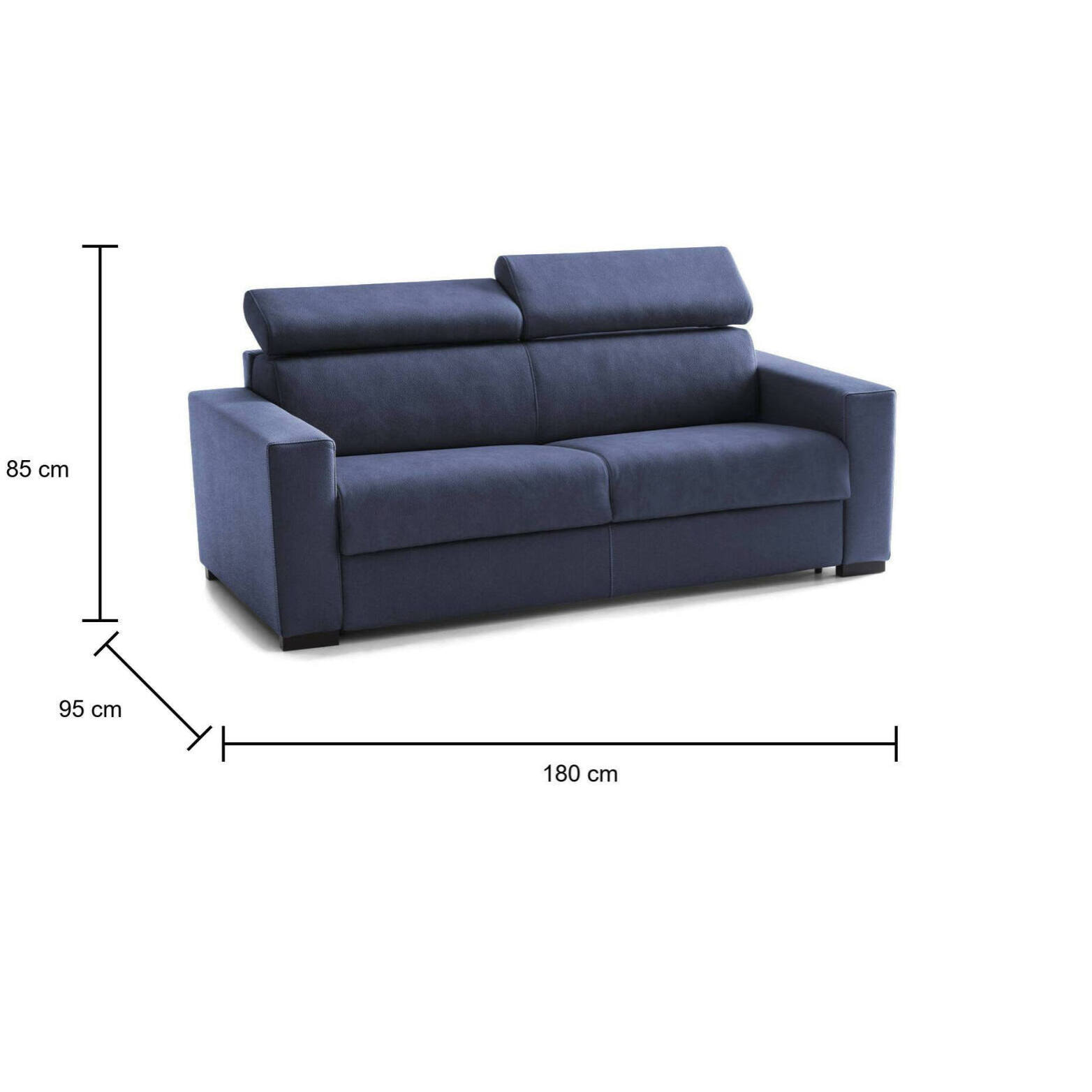 Divano Letto Aida, Divano a 2 posti Large, 100% Made in Italy, Sofà Soggiorno con apertura girevole, con poggiatesta regolabili e Braccioli slim, Cm 180x95h85, Blu