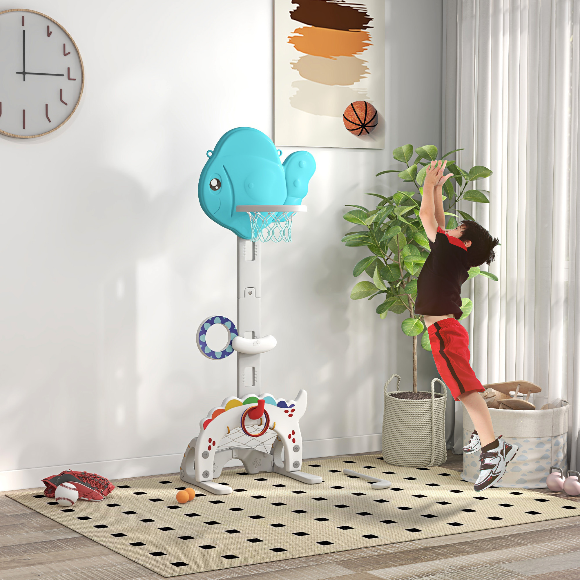 Canasta de Baloncesto Infantil 5 en 1 Canasta de Baloncesto para Niños Altura Ajustable con Temática de Pez Dorado Fútbol Golf Anilla Juego de Lanzamiento de Pelota para Interior Multicolor