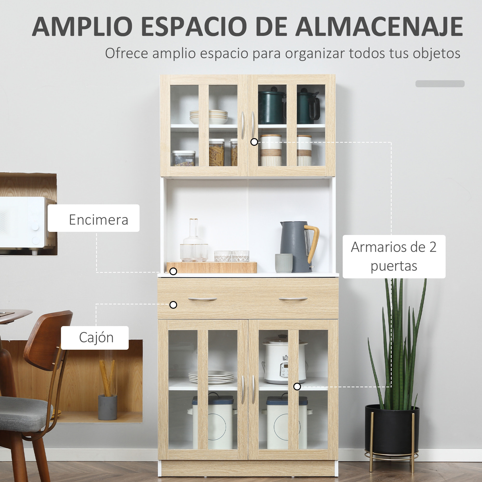 Alacena de Cocina Alta, Mueble Auxiliar de Cocina, con 4 Puertas de Vidrio, Encimera Abierta para Microondas, Cajón, Estantes Ajustables, 80x40x180 cm, Blanco y Natural