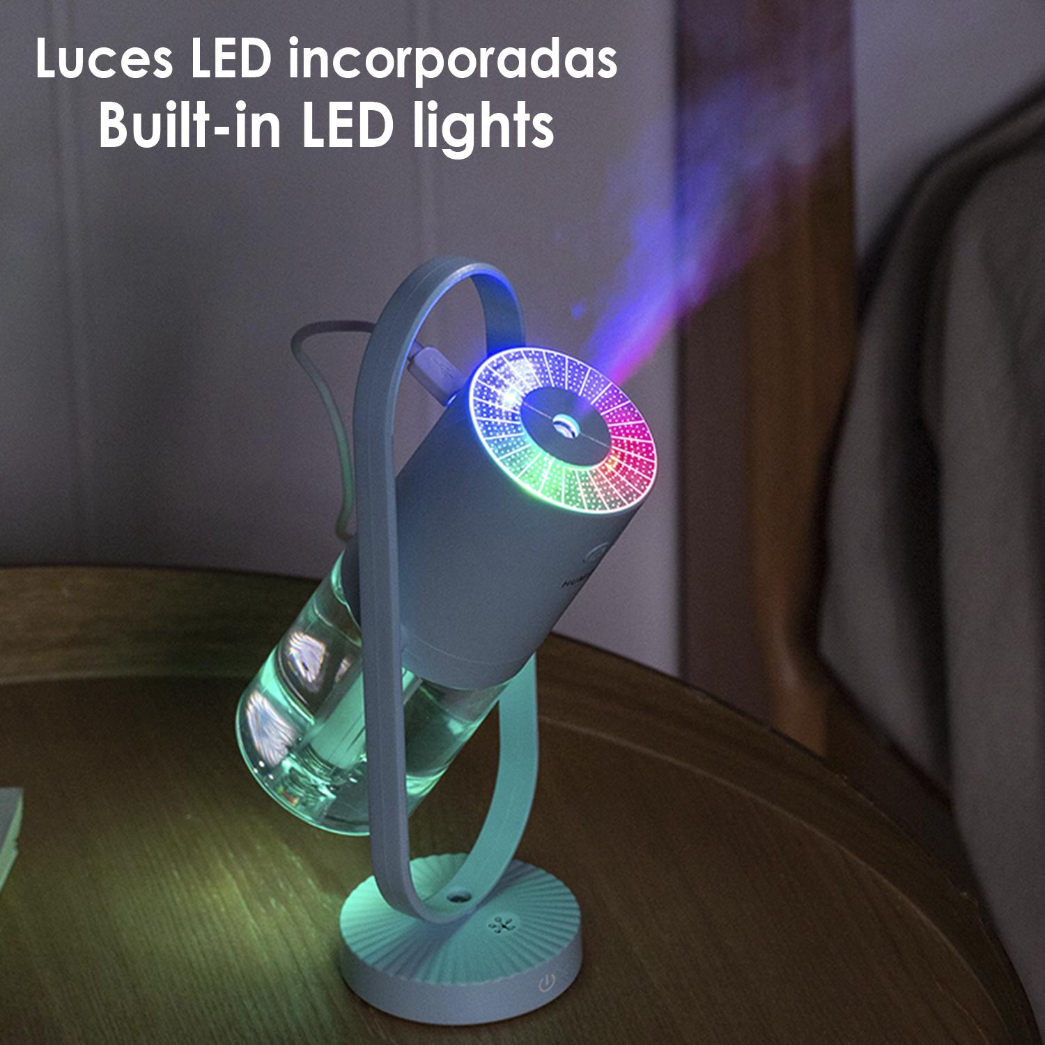 Humidificador multifunción de 200 ml con luces LED multicolor.