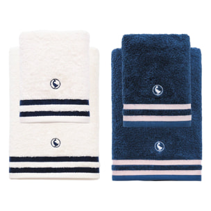 Set de 4 toallas de baño (2x toalla manos 50x90cm + 2x toalla ducha 70x140cm) 100% algodón 500gsm blanco crudo y azul marino el ganso