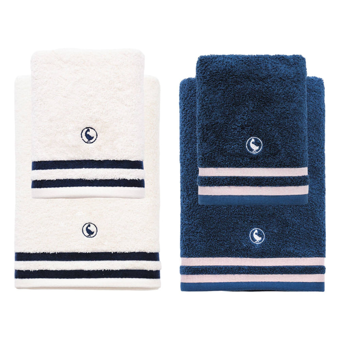 Set de 4 toallas de baño (2x toalla manos 50x90cm + 2x toalla ducha 70x140cm) 100% algodón 500gsm blanco crudo y azul marino el ganso