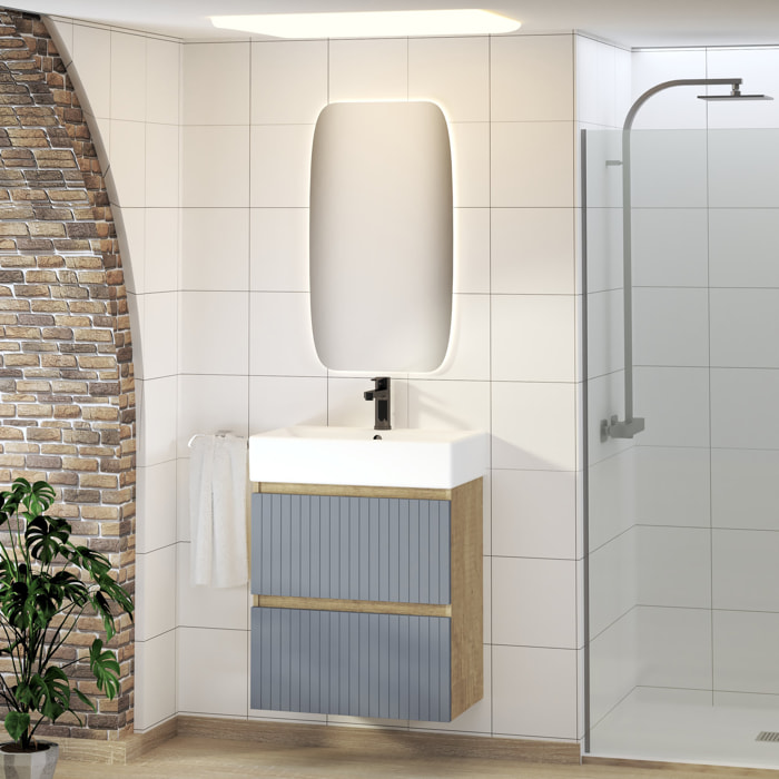 Conjunto de Baño Zel | Mueble Suspendido | 60 cm Azul | Dos Cajones | Lavabo Encastrado | No incluye Espejo | Mueble Montado| Alday