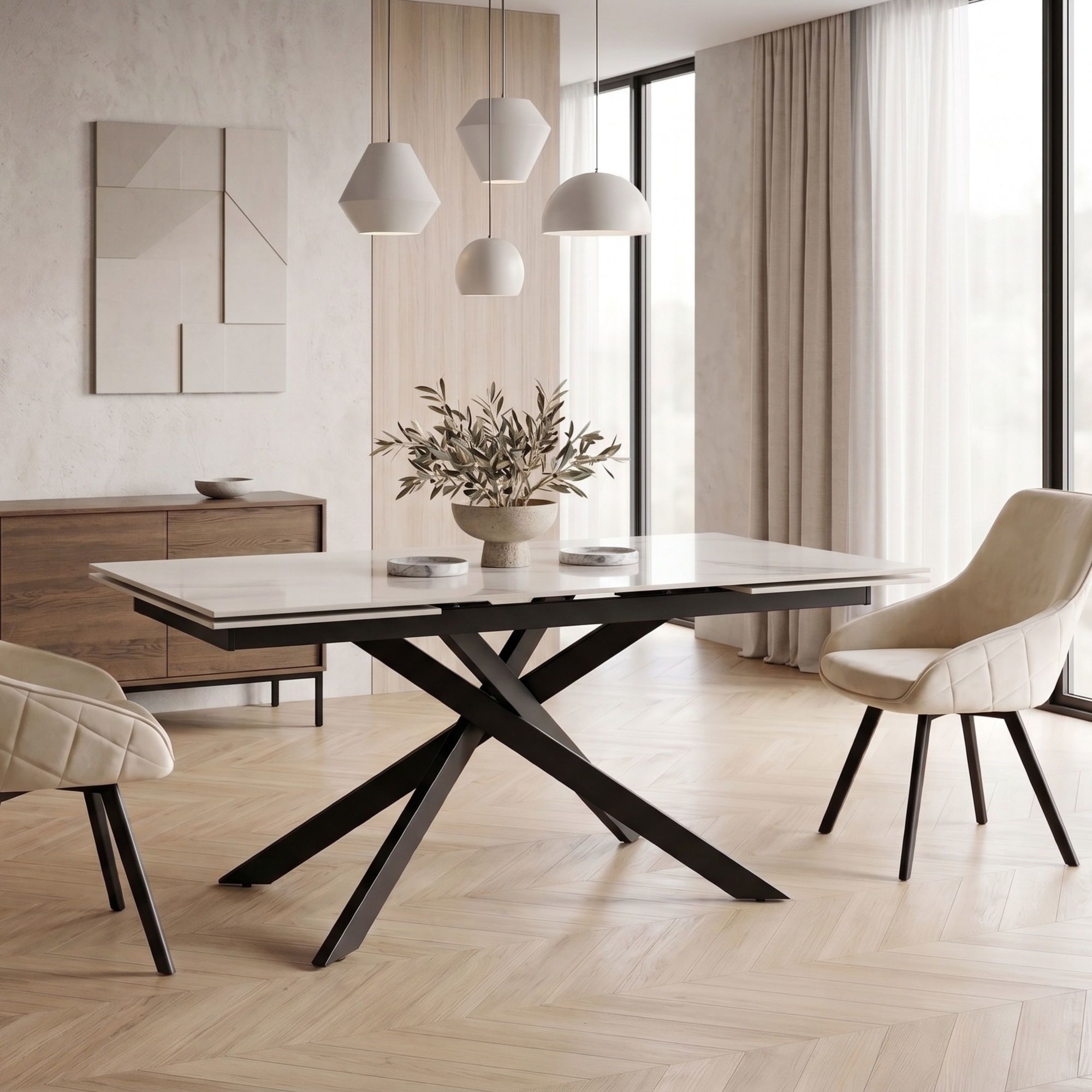 Tavolo allungabile BEVERLY HILLS in ceramica finitura calacatta oro 160+40+40x90x76