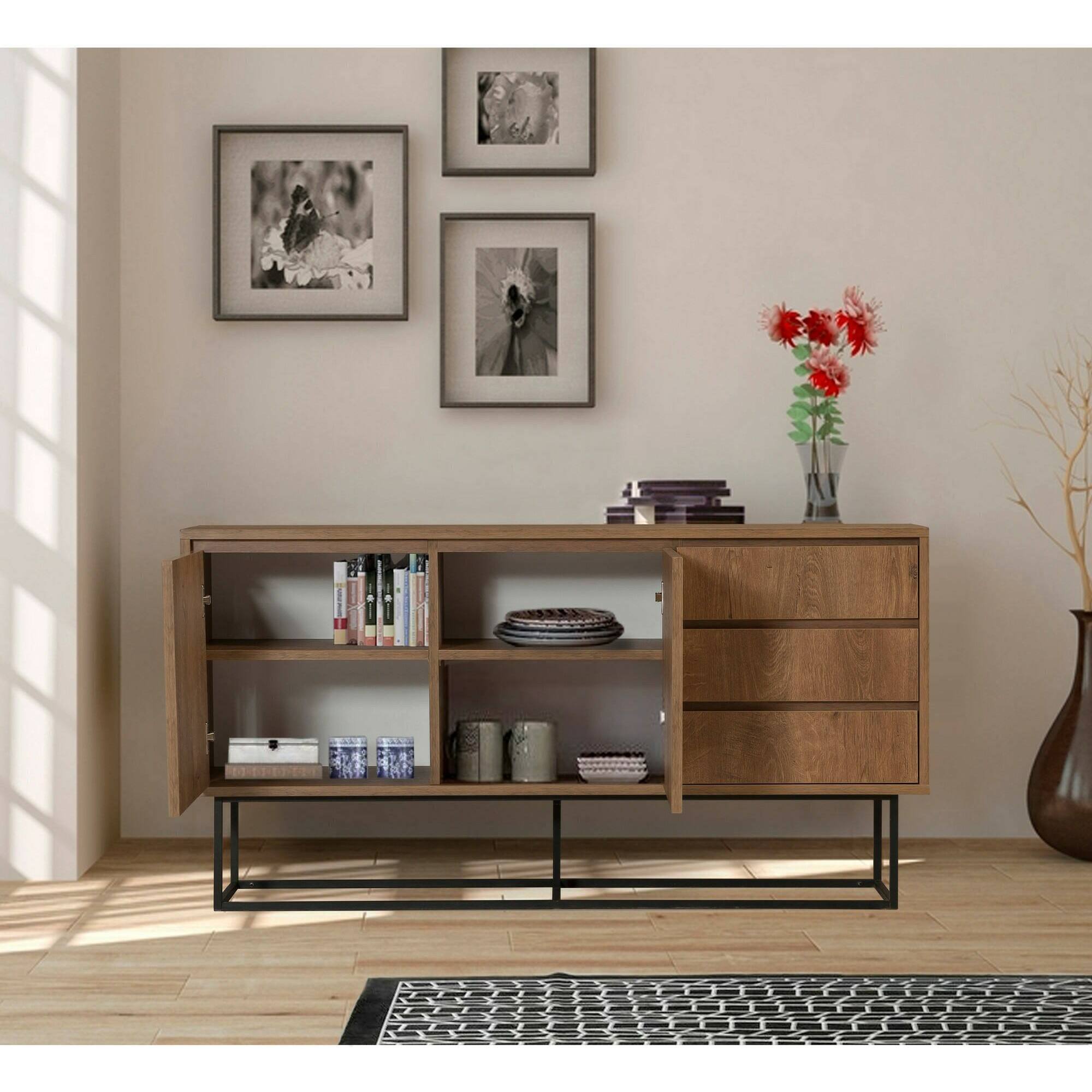 Consolle Kuwait, Tavolo multiuso, Mobiletto d'appoggio, Scrivania da corridoio, 140x36h72 cm, Noce e Nero