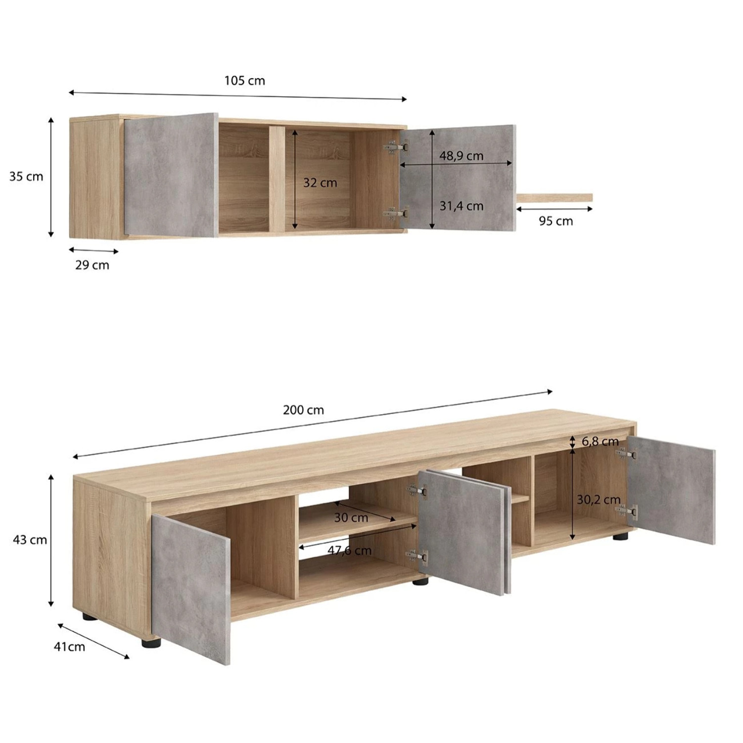 Salón con mueble de TV y estantería en roble canadian y gris cemento 200 cm Arlet Roble Canadian - Gris Cemento
