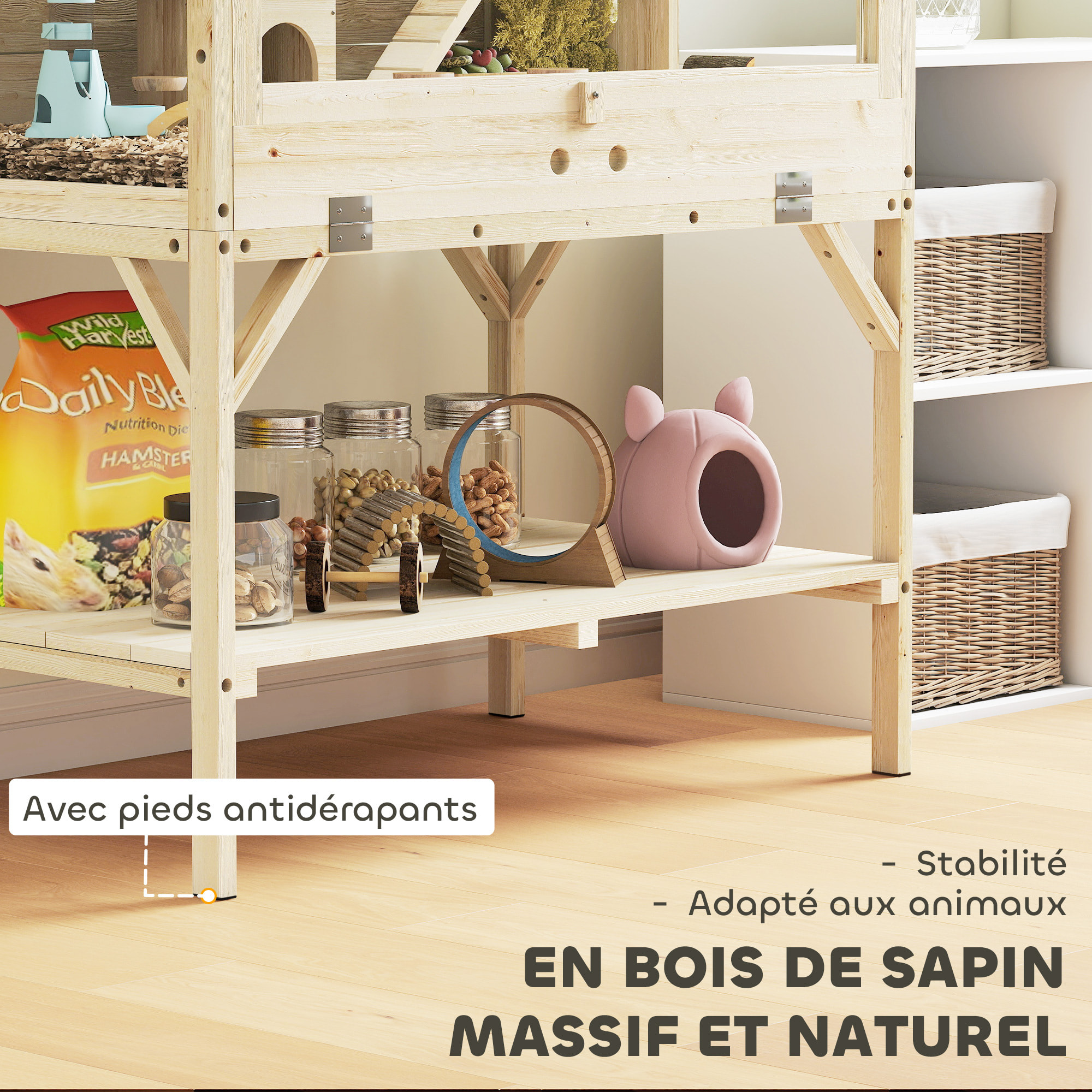 Cage hamster rongeur en bois - 2 niveaux - étagère - accessoires - 84 x 53 x 110 cm