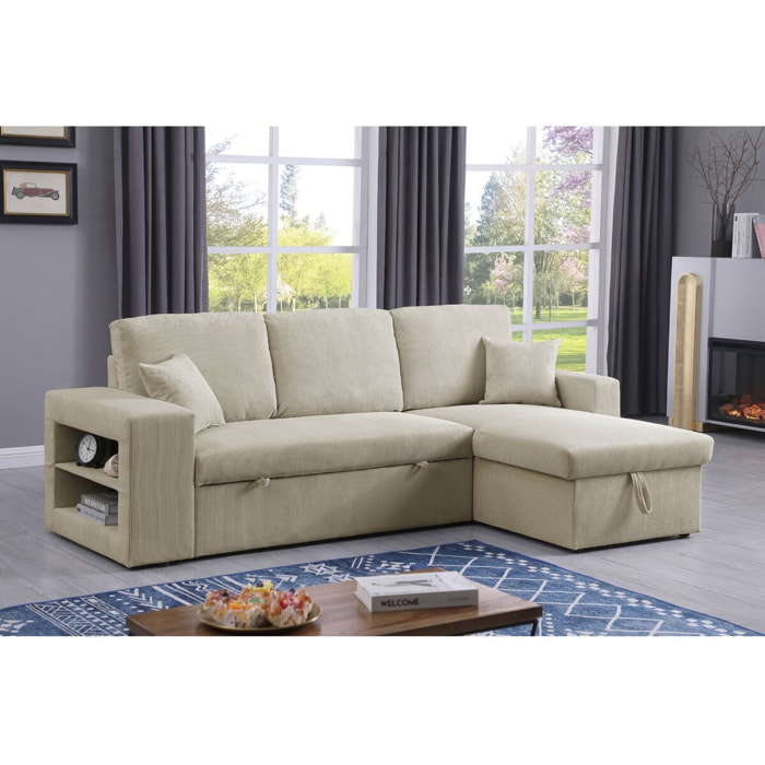 Canapé d'angle en velours côtelé convertible/réversible "Axel" - 3 places - Beige