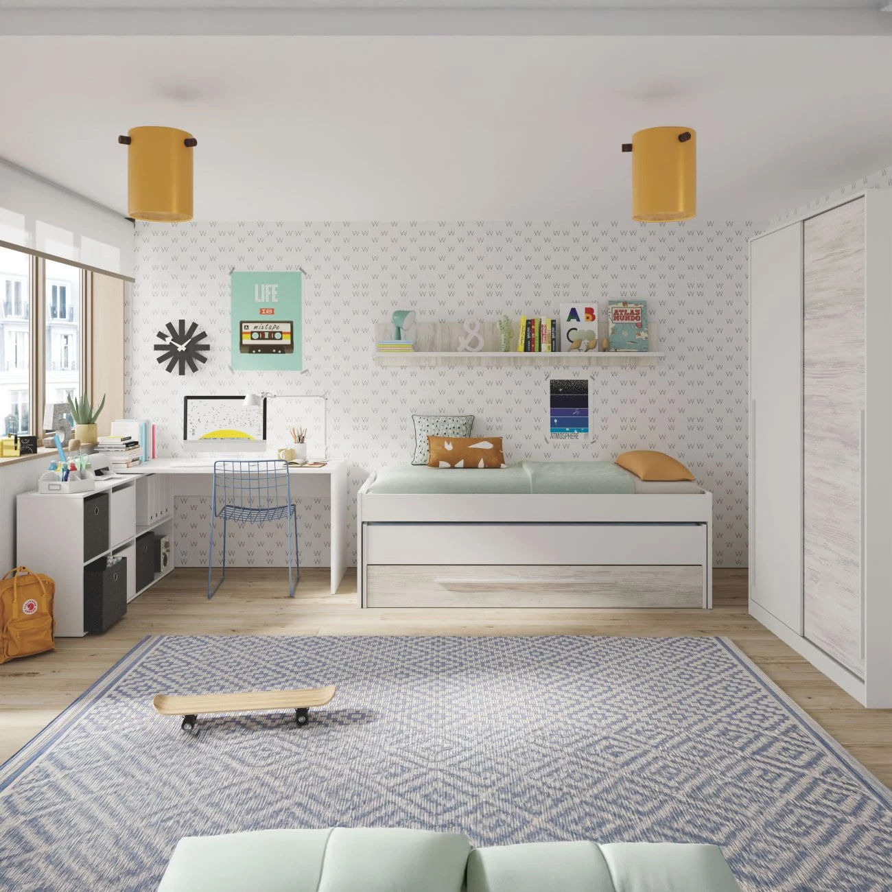 Cama doble juvenil con estante Nuit Blanco Artik (Blanco Mate) – Blanco Velho