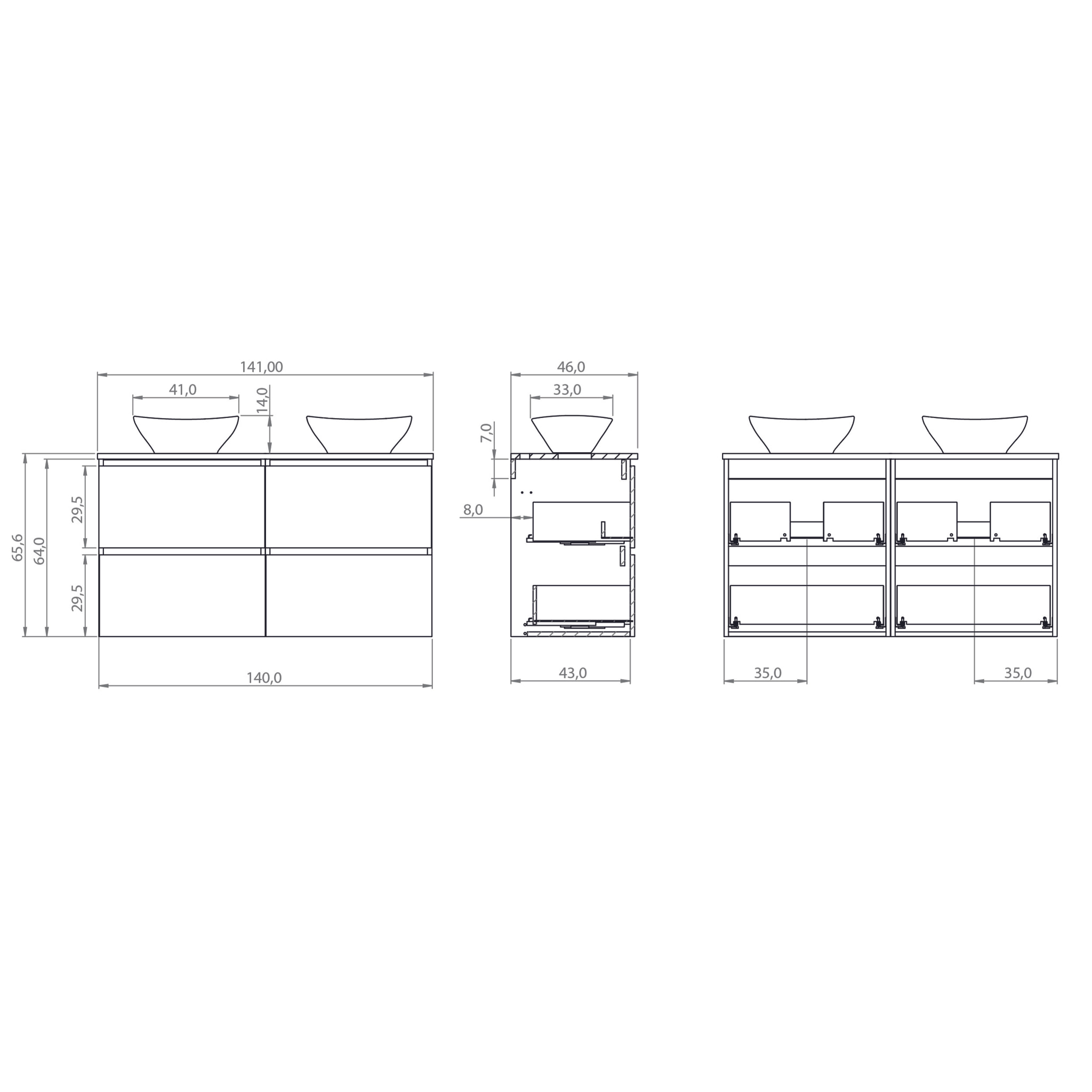 Ensemble Salle de Bain Kaji | Meuble Suspendu | 140 cm Teck | 4 Tiroirs | Lavabo sur Plan | N'inclut pas Miroir | Alday