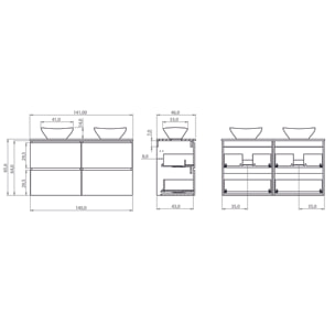 Ensemble Salle de Bain Kaji | Meuble Suspendu | 140 cm Teck | 4 Tiroirs | Lavabo sur Plan | N'inclut pas Miroir | Alday