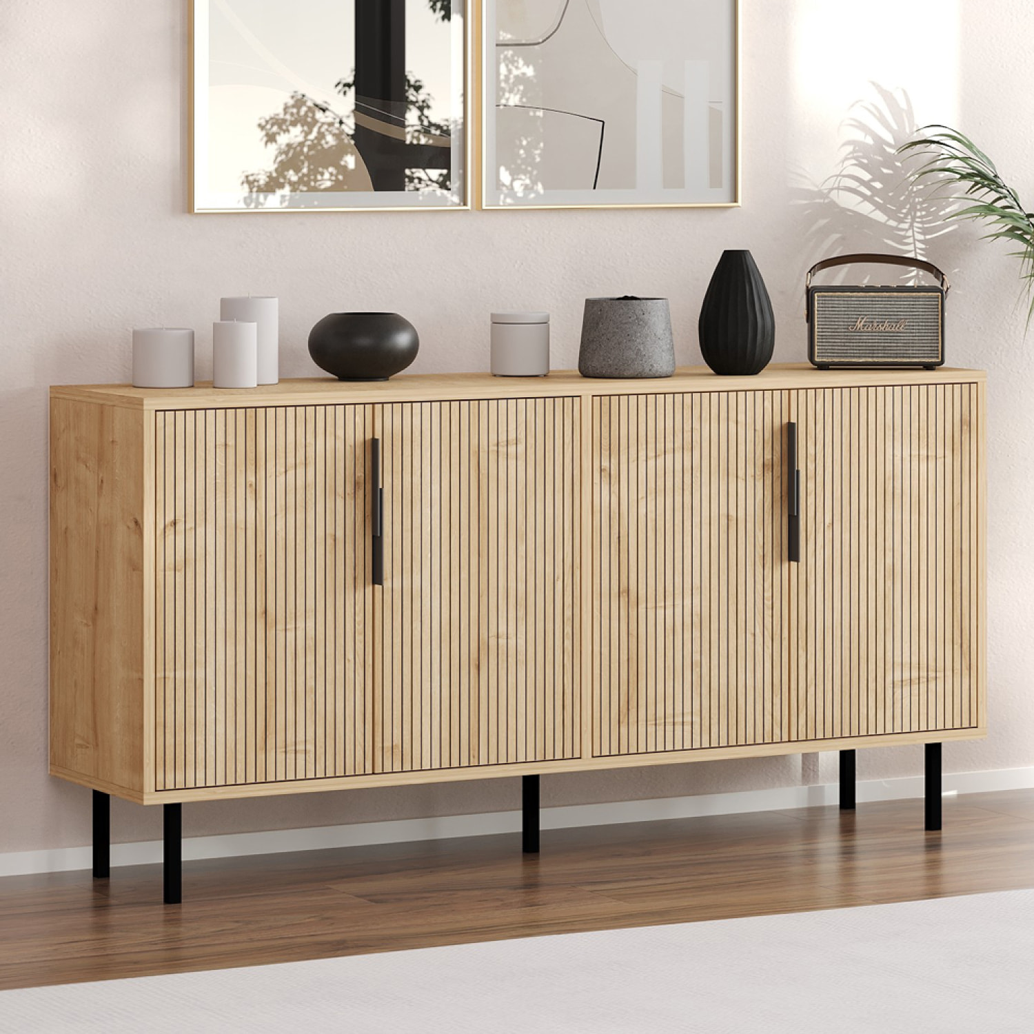 ATLAS Buffet cannelé 4 portes aspect bois 150x75cm