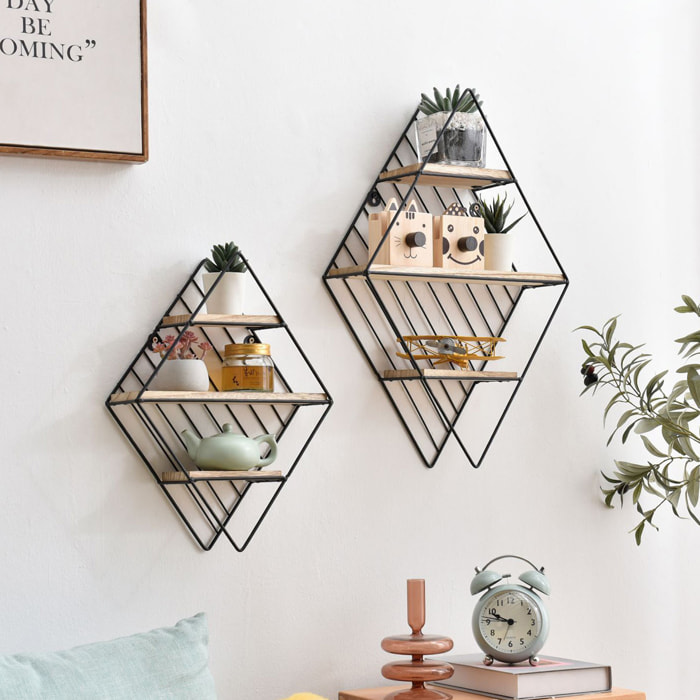 Set de 2 estantes de pared Diamante metal negro y madera de Paulownia
