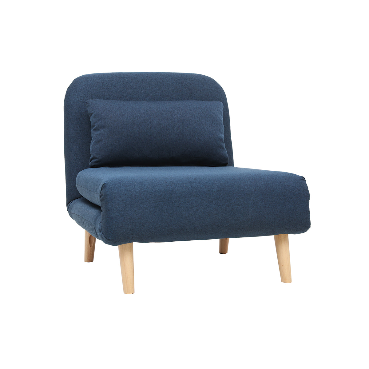 Fauteuil convertible scandinave en tissu bleu foncé et bois clair AMIKO