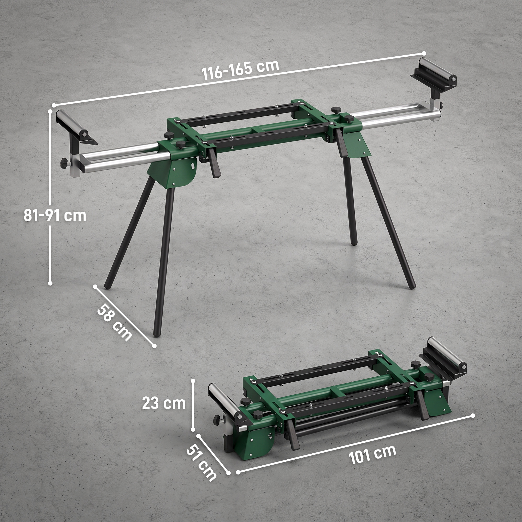 Soporte de Sierra Ingletadora Plegable, Universal con 2 Rodillos de Apoyo, Banco de Trabajo Extensible con Altura y Ancho Ajustable, Estructura Metálica Reforzada, Sistema Fijación Carga 200 kg