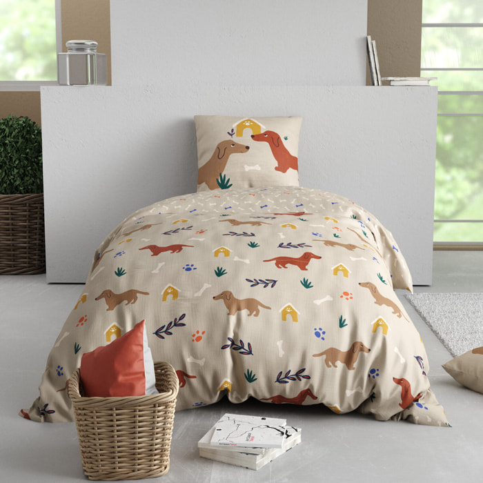 Parure de lit enfant imprimé 100% coton - medor - marron