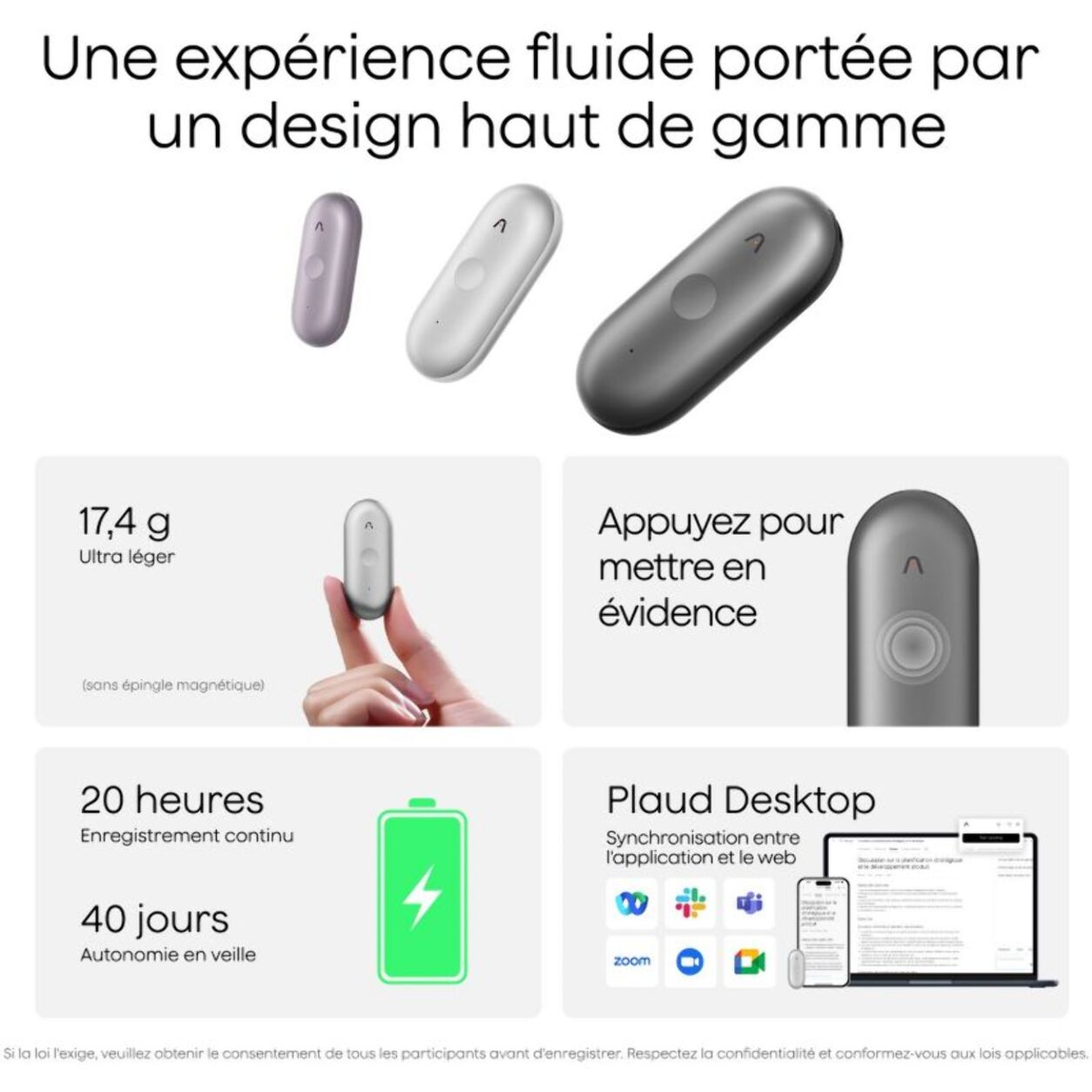 DICTAPHONE PLAUD Note Pin S Argent