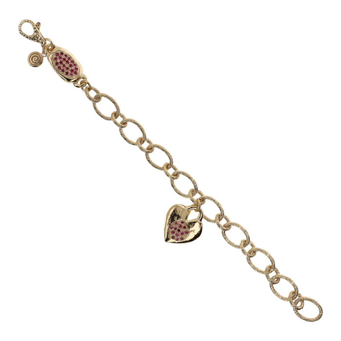 Bracciale Catena Rolo Martellata con Cuore Pavé in Cubic Zirconia Rosa