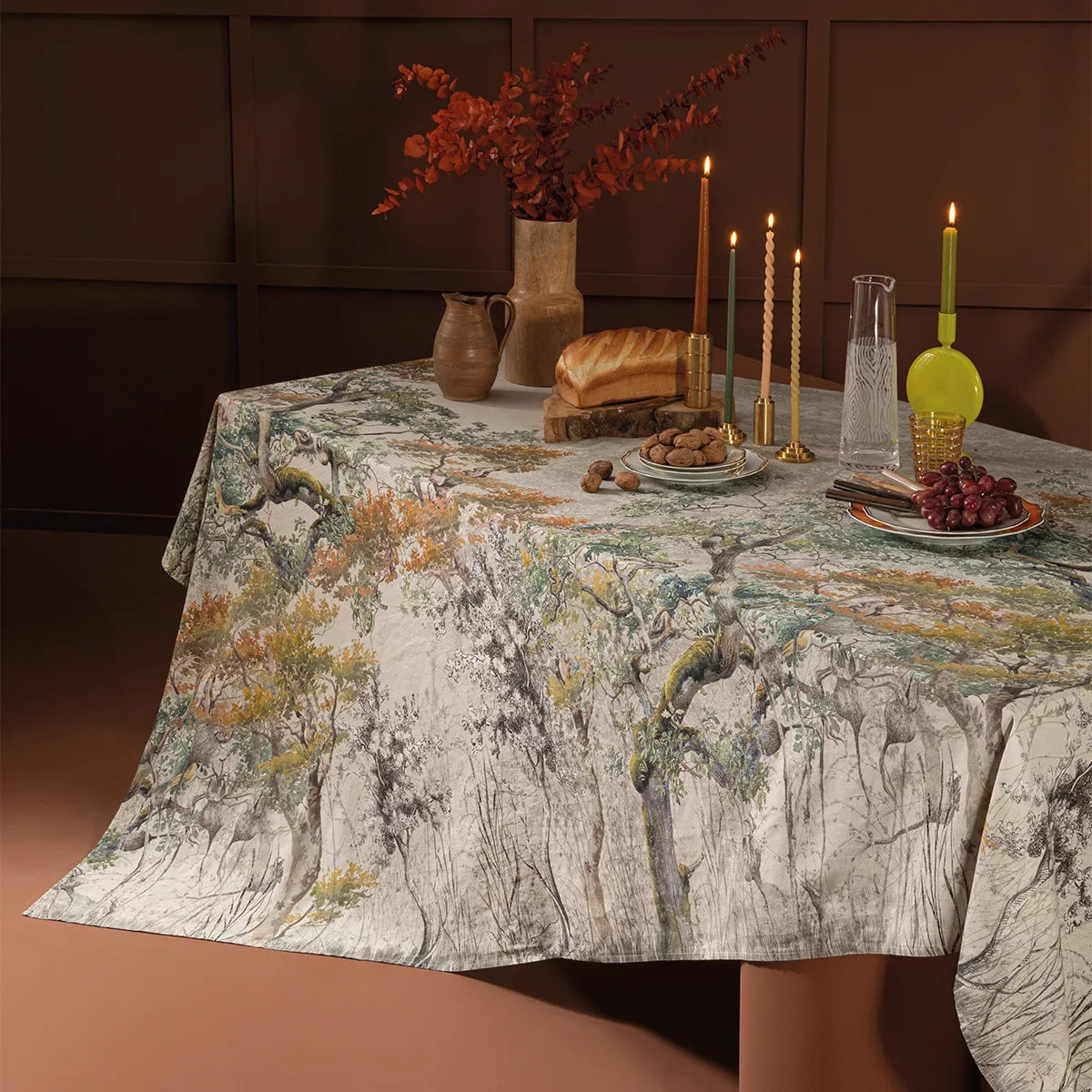 Nappe lin & coton lavé 190 g/m² imprimé beige multicolore Bois de mystere parchemin