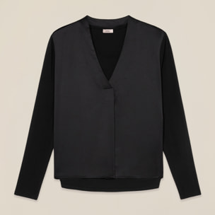 Oltre - Camiseta bimatérica con escote en V - Negro