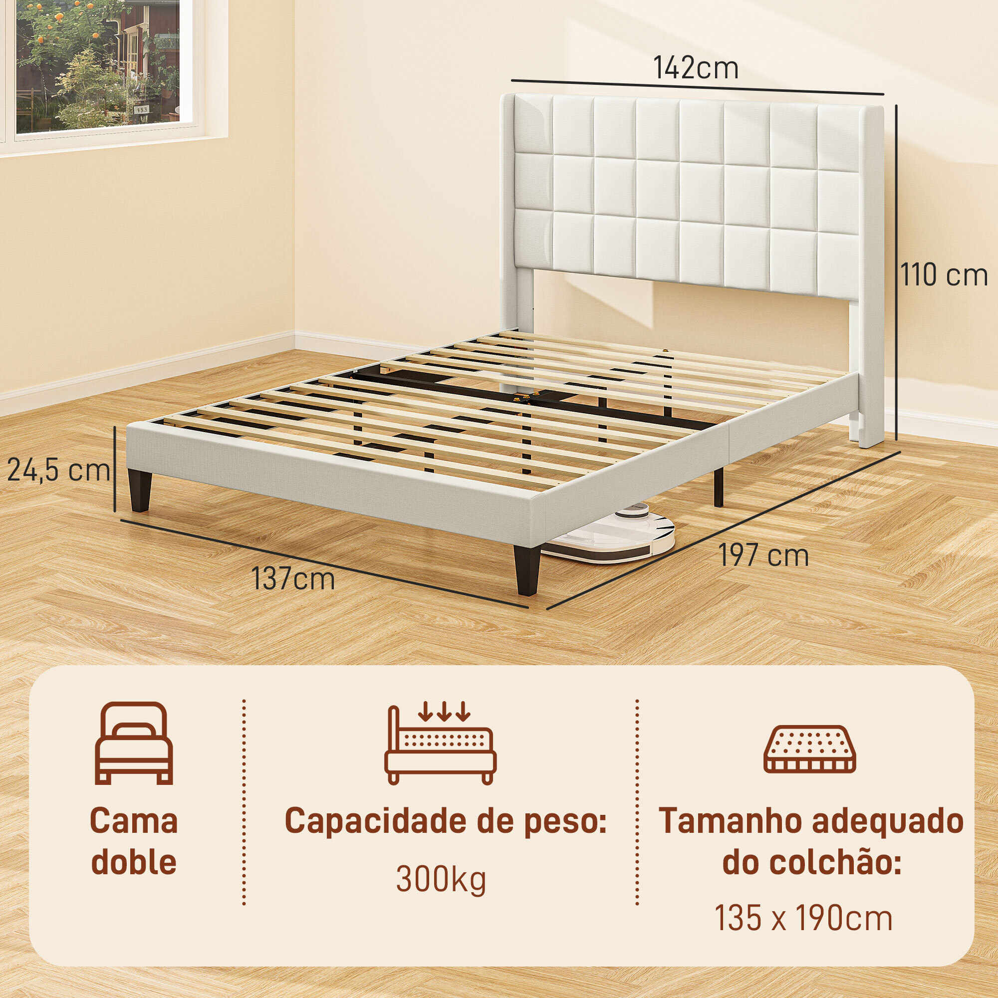 Cama 135x190 cm Estructura de Cama Somier con Cabecera Tapizada de Lino Sintético y Espacio de Almacenamiento Debajo de la Cama Carga 300 kg Beige