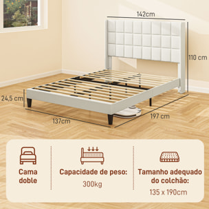 Cama 135x190 cm Estructura de Cama Somier con Cabecera Tapizada de Lino Sintético y Espacio de Almacenamiento Debajo de la Cama Carga 300 kg Beige