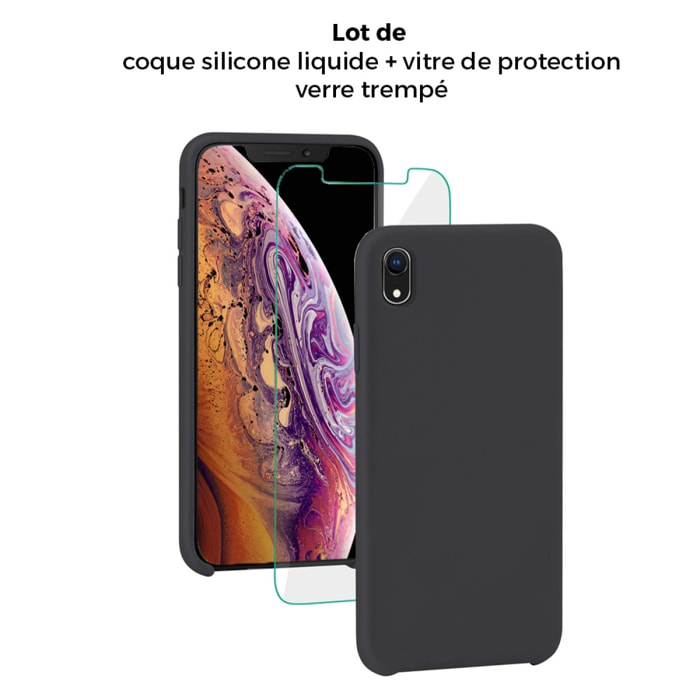 Coque compatible avec iPhone Xr Silicone Liquide noir avec vitre de protection en verre trempé