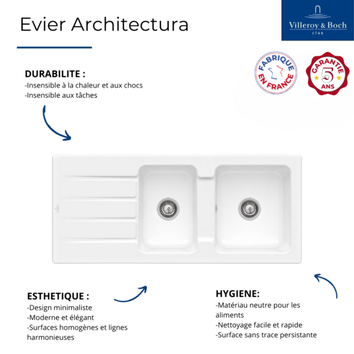 Evier 1 bac et demi Architectura  80 116 x 51 cm Blanc sans vidage