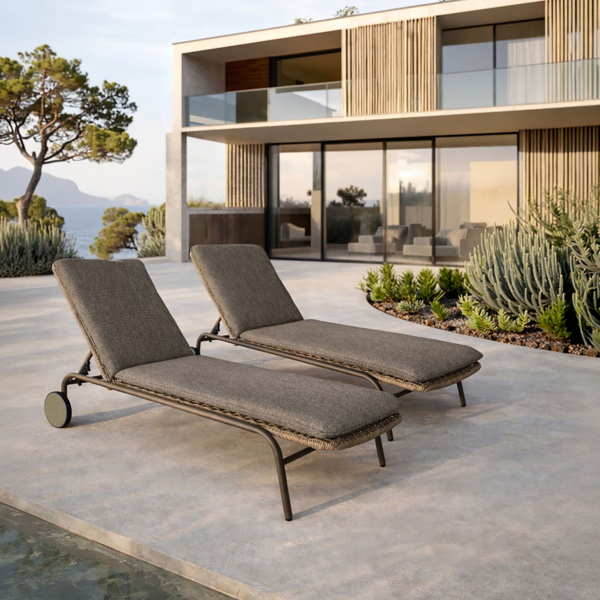 Lot de 2 chaises longues à roulettes en aluminium et tissu moka MADRAGUE