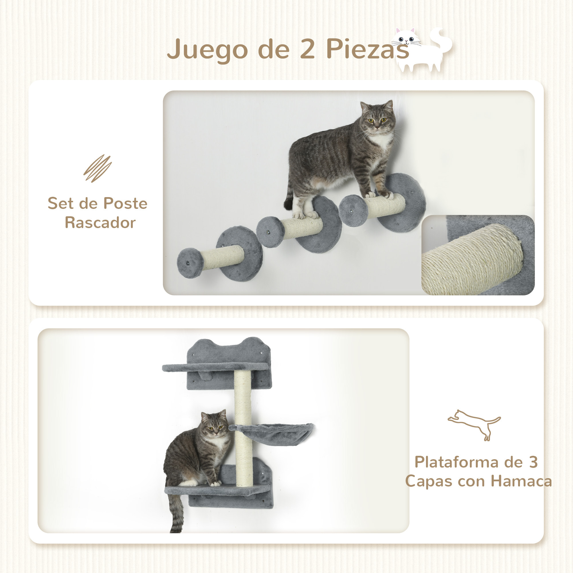 Juego de Estanterías para Gatos de 4 Piezas Rascador de Pared para Gatos con 3 Postes de Sisal Hamaca y 1 Plataforma para Saltar de 3 Niveles Gris